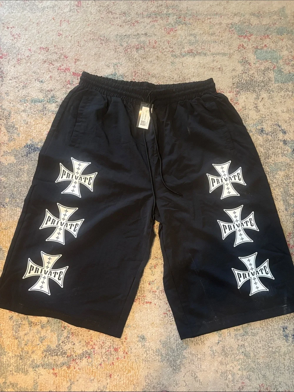 Black Graphic Men's Shorts with Cross Motif